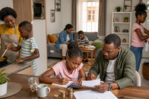 Parent teaching children important life skills at different ages, including cooking, cleaning, budgeting, communication, and homework routines at home.