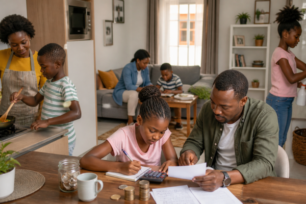 Parent teaching children important life skills at different ages, including cooking, cleaning, budgeting, communication, and homework routines at home.