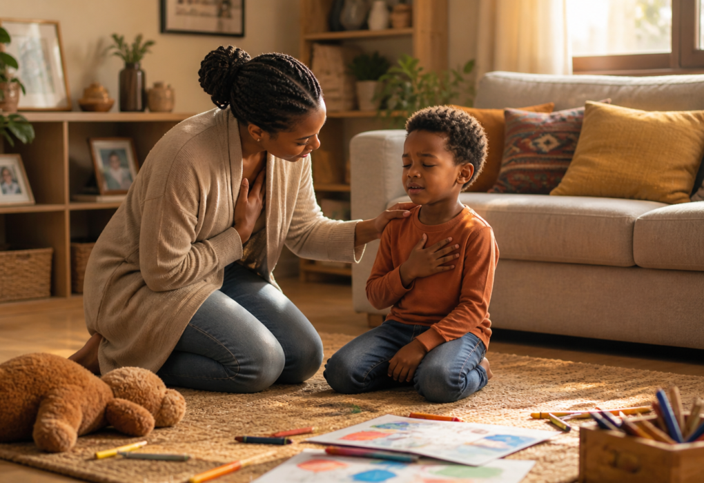 Parent calmly helping an angry child manage emotions using healthy coping techniques at home