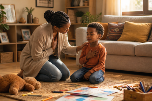 Parent calmly helping an angry child manage emotions using healthy coping techniques at home
