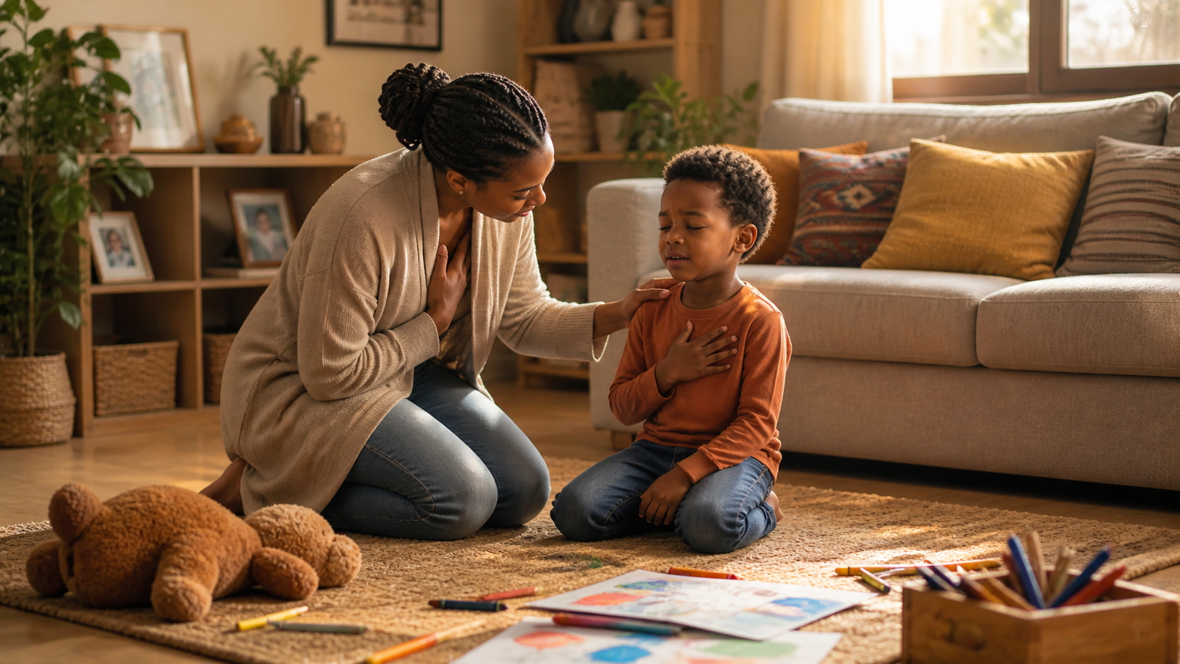 Parent calmly helping an angry child manage emotions using healthy coping techniques at home