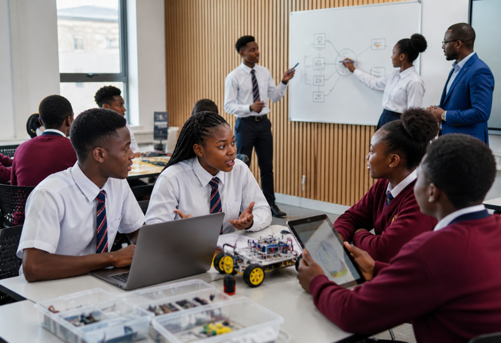 African students participating in interactive classroom learning with technology, teamwork, and practical education activities