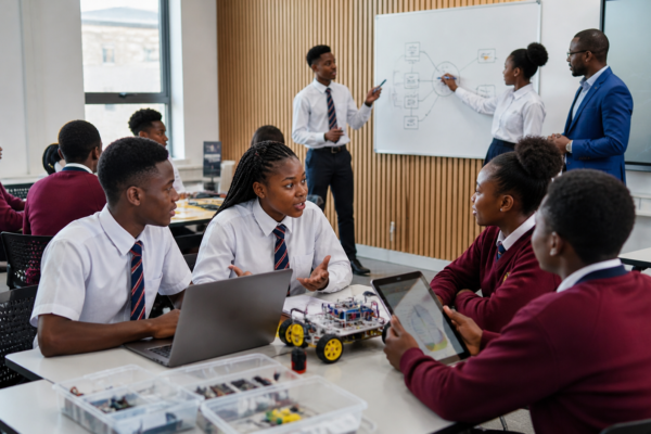 African students participating in interactive classroom learning with technology, teamwork, and practical education activities