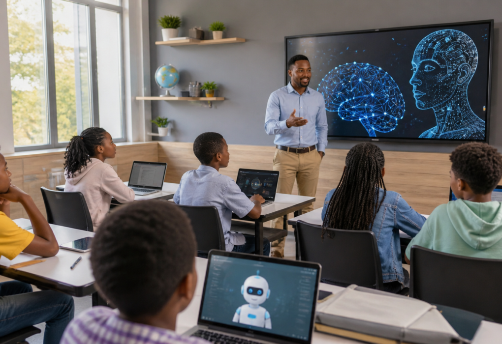 Students learning artificial intelligence concepts in a modern classroom with a teacher discussing ethical AI and digital literacy.