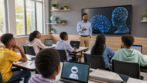 Students learning artificial intelligence concepts in a modern classroom with a teacher discussing ethical AI and digital literacy.