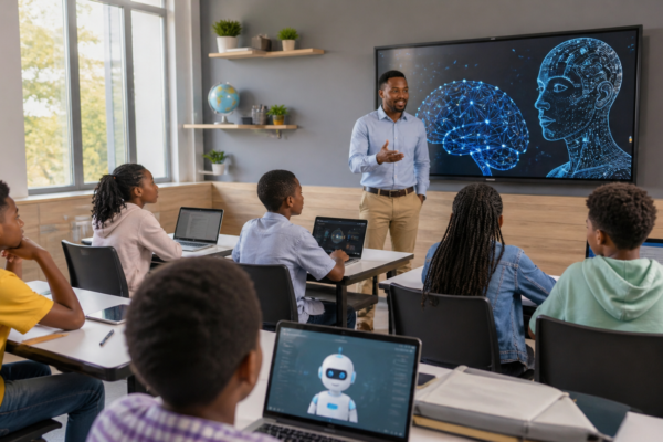 Students learning artificial intelligence concepts in a modern classroom with a teacher discussing ethical AI and digital literacy.
