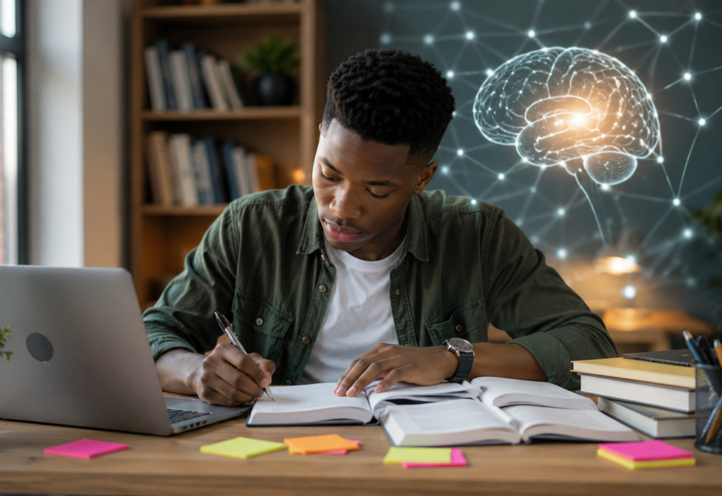 Person studying with memory improvement techniques like active recall, focused learning, and note organization.