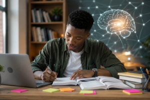 Person studying with memory improvement techniques like active recall, focused learning, and note organization.