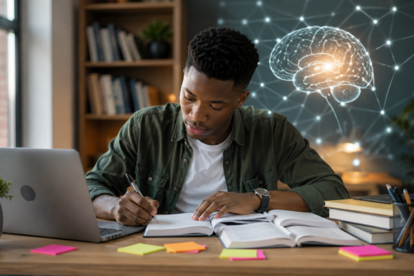 Person studying with memory improvement techniques like active recall, focused learning, and note organization.
