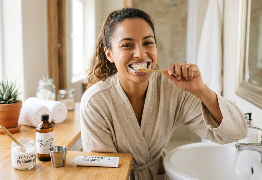 Woman smiling confidently with clean white teeth after maintaining a healthy oral care routine.