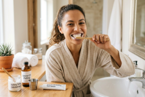 Woman smiling confidently with clean white teeth after maintaining a healthy oral care routine.