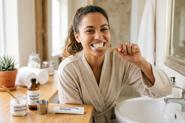 Woman smiling confidently with clean white teeth after maintaining a healthy oral care routine.