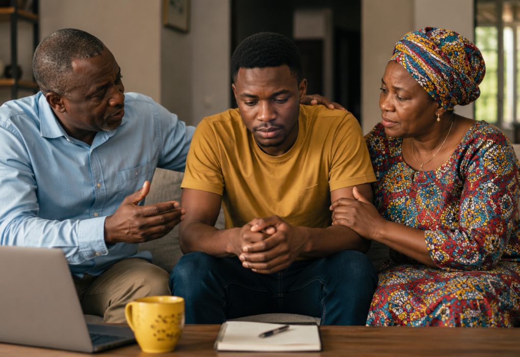 A parent and unemployed adult child discussing job search plans together at a dining table, reviewing a résumé and setting goals while promoting independence and emotional support.