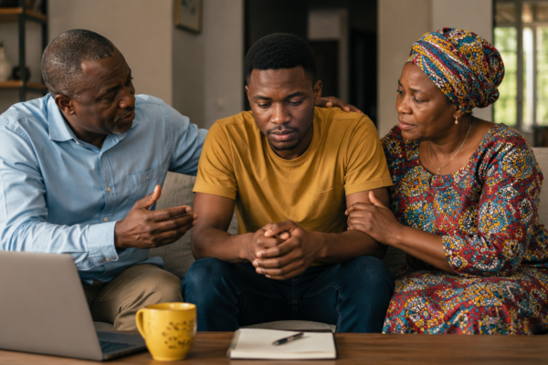 A parent and unemployed adult child discussing job search plans together at a dining table, reviewing a résumé and setting goals while promoting independence and emotional support.