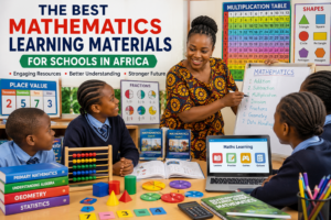 African mathematics teacher using colorful learning materials to teach students in a modern classroom, with textbooks, geometric shapes, number charts, and digital learning devices promoting interactive mathematics education.