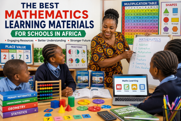 African mathematics teacher using colorful learning materials to teach students in a modern classroom, with textbooks, geometric shapes, number charts, and digital learning devices promoting interactive mathematics education.