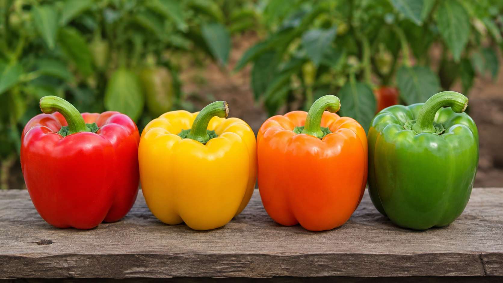 Fresh red, yellow, orange, and green bell peppers displayed together, illustrating the different stages of ripeness and botanical classification as fruits.