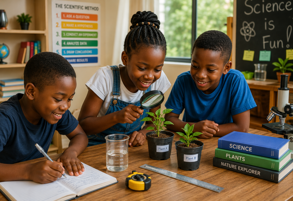 African children conducting a simple science experiment while learning about how plants grow.