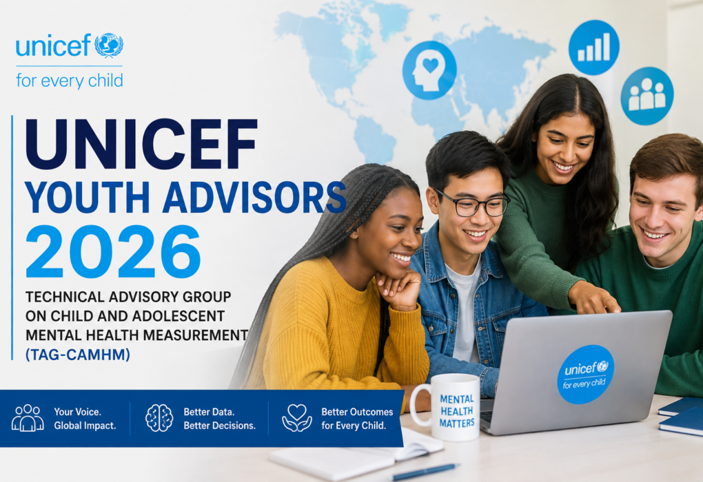 Young people from diverse backgrounds collaborating in a UNICEF-style youth advisory meeting focused on child and adolescent mental health.
