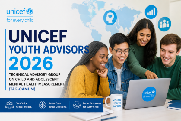 Young people from diverse backgrounds collaborating in a UNICEF-style youth advisory meeting focused on child and adolescent mental health.