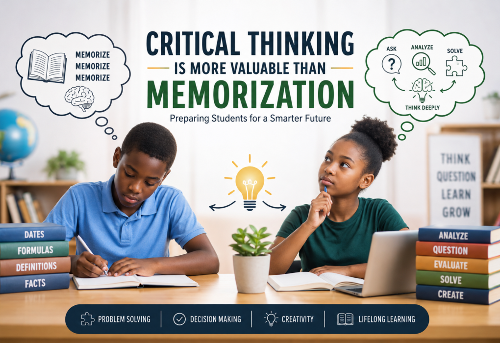 students actively solving classroom problems, illustrating the importance of critical thinking over memorization in modern education.