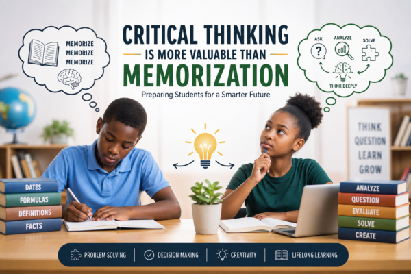 students actively solving classroom problems, illustrating the importance of critical thinking over memorization in modern education.