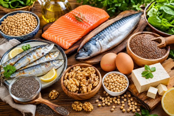 Healthy assortment of omega-3-rich foods including sardines, mackerel, chia seeds, flaxseeds, walnuts, soybeans, tofu, and omega-3-enriched eggs arranged on a wooden table.