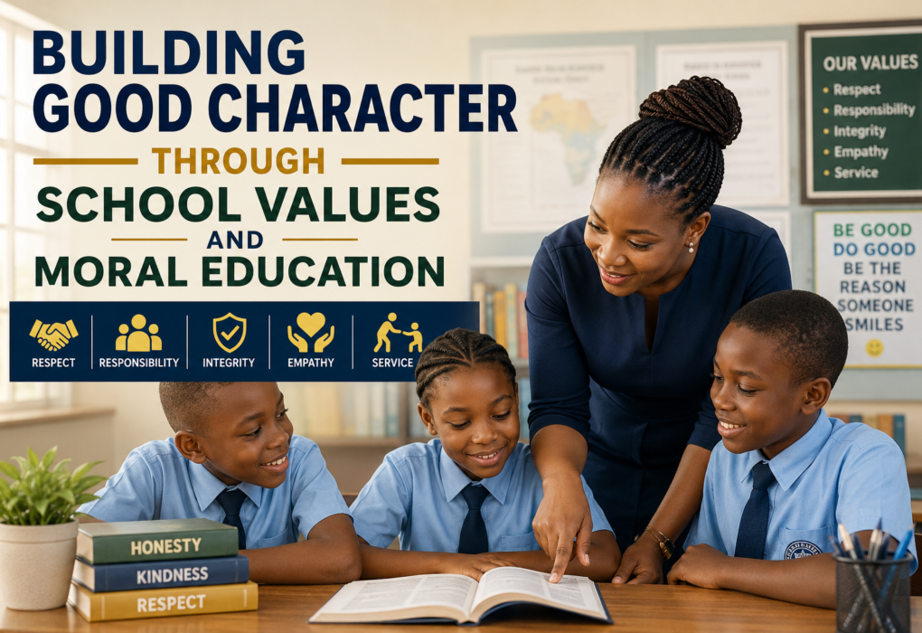 African teacher guiding students in character education and school values