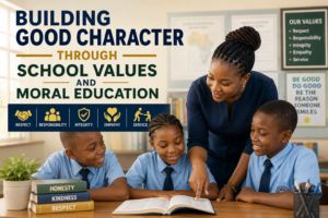 African teacher guiding students in character education and school values